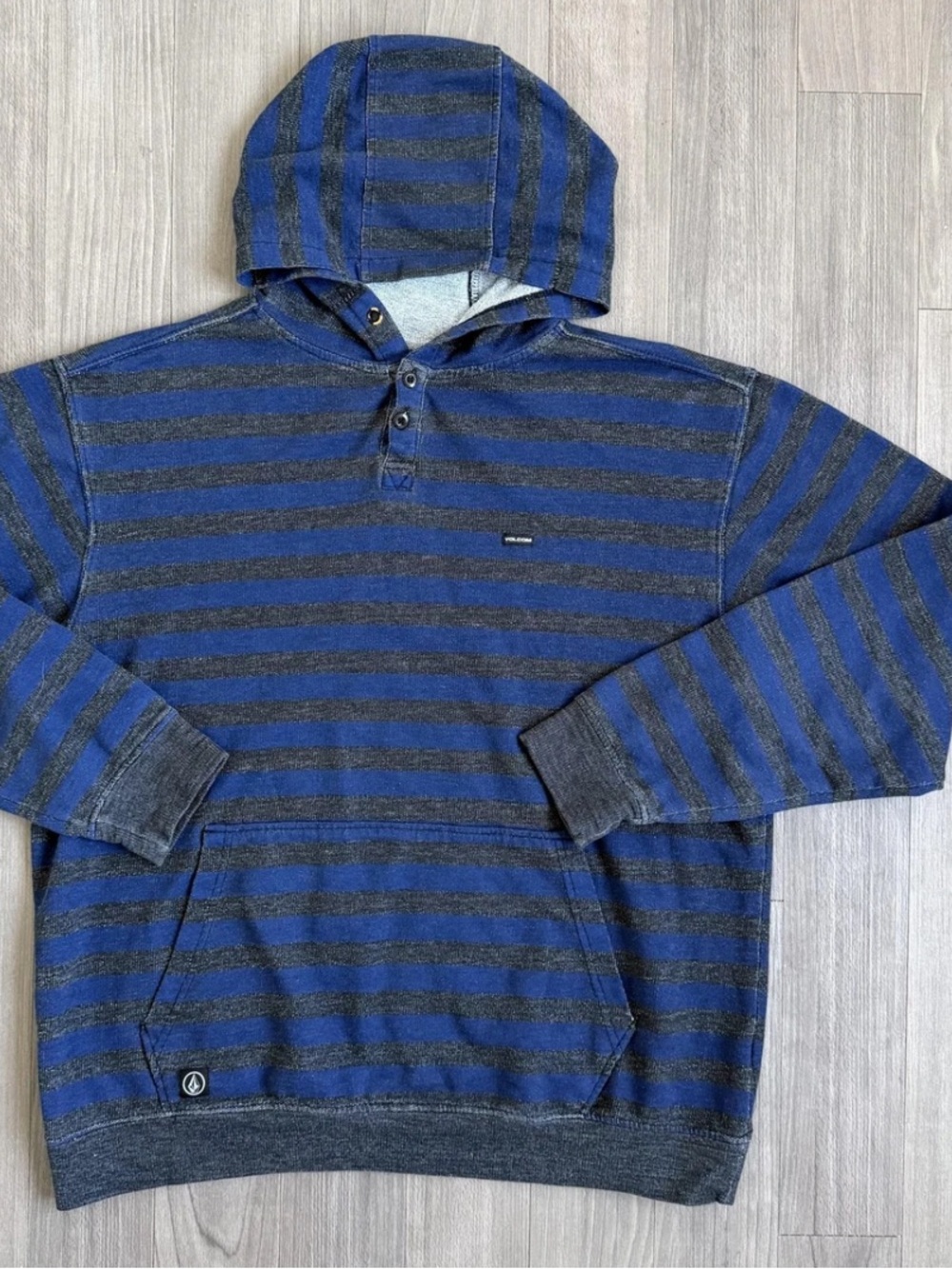 Volcom Blue and Charcoal Striped Hooded Pullover